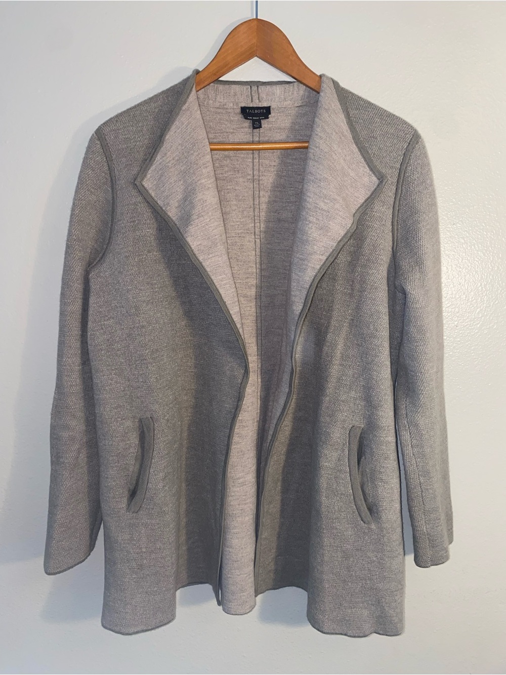Talbots Gray Brown Merino Wool Open Front Cardigan Jacket Coatigan Shacket XL